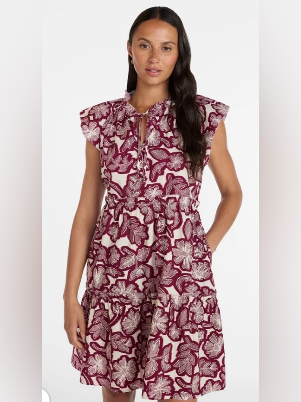 Time and Tru Women's Tiered Floral Cotton Mini Dress, Flutter Sleeves M 8-10